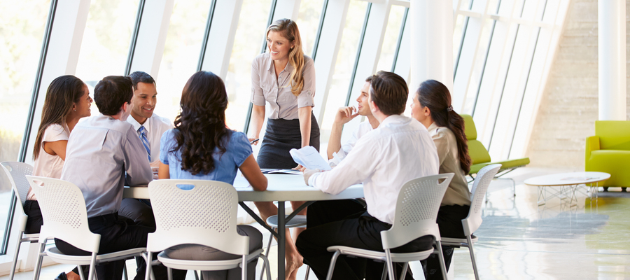 A team of men and women having a meeting around a table